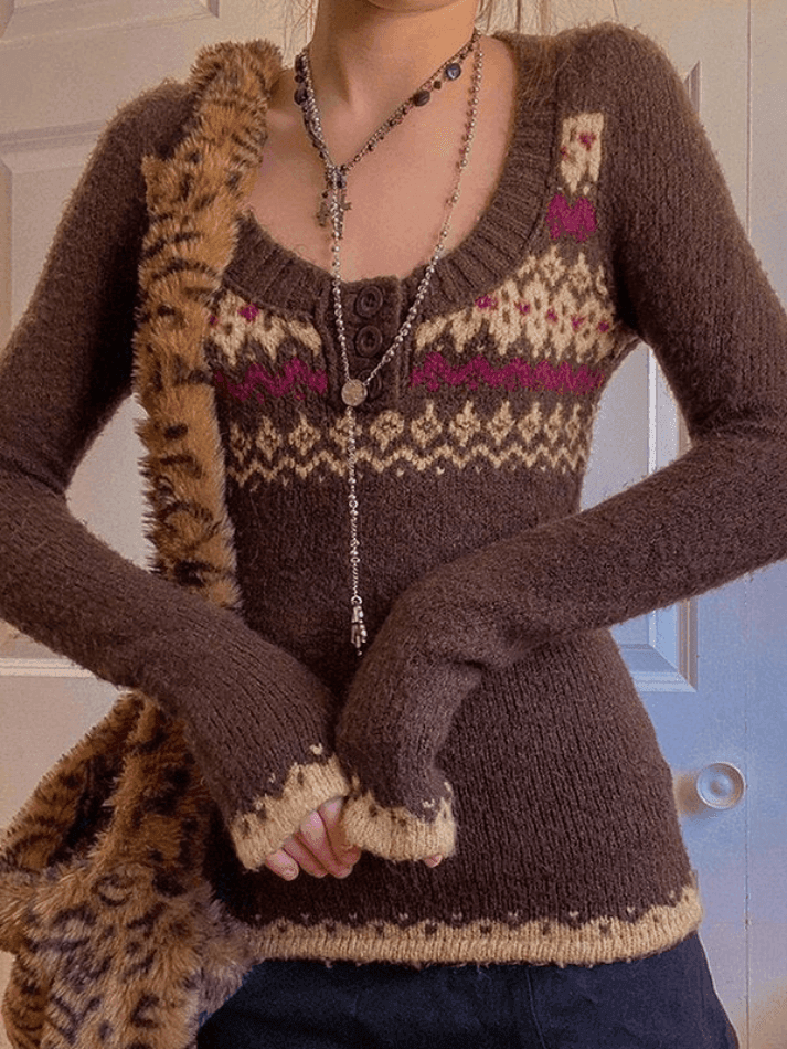 Brownm Button Front Jacquard Knitted Sweater