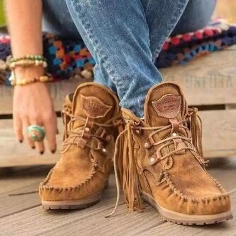 Comfortable thick-soled fringed lace-up women's boots