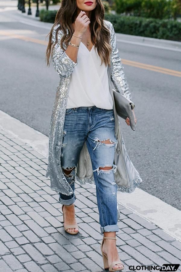 Sequin Collarless Belted Long Duster Coat