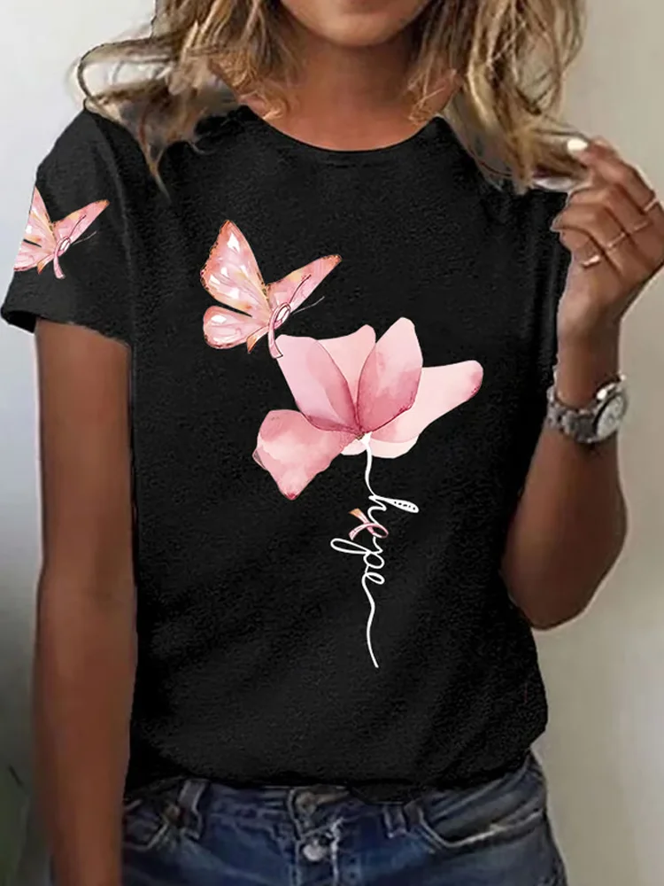 Women's Casual Breast Cancer Print Short Sleeve T-shirt