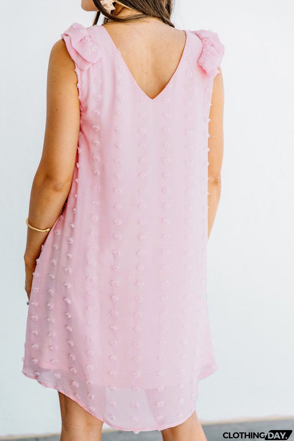 Swiss Dot V Neck Ruffled Sleeveless Mini Dress
