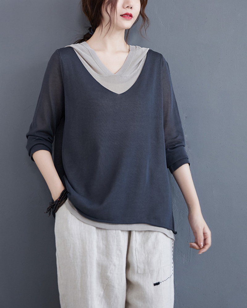 Colorblock Long Sleeve Loose Hooded Top