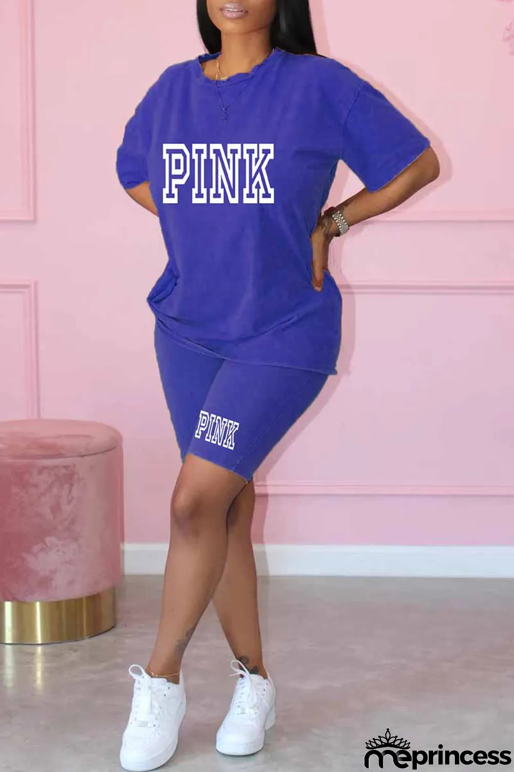 Purple Casual Print Letter O Neck Short Sleeve Two Pieces