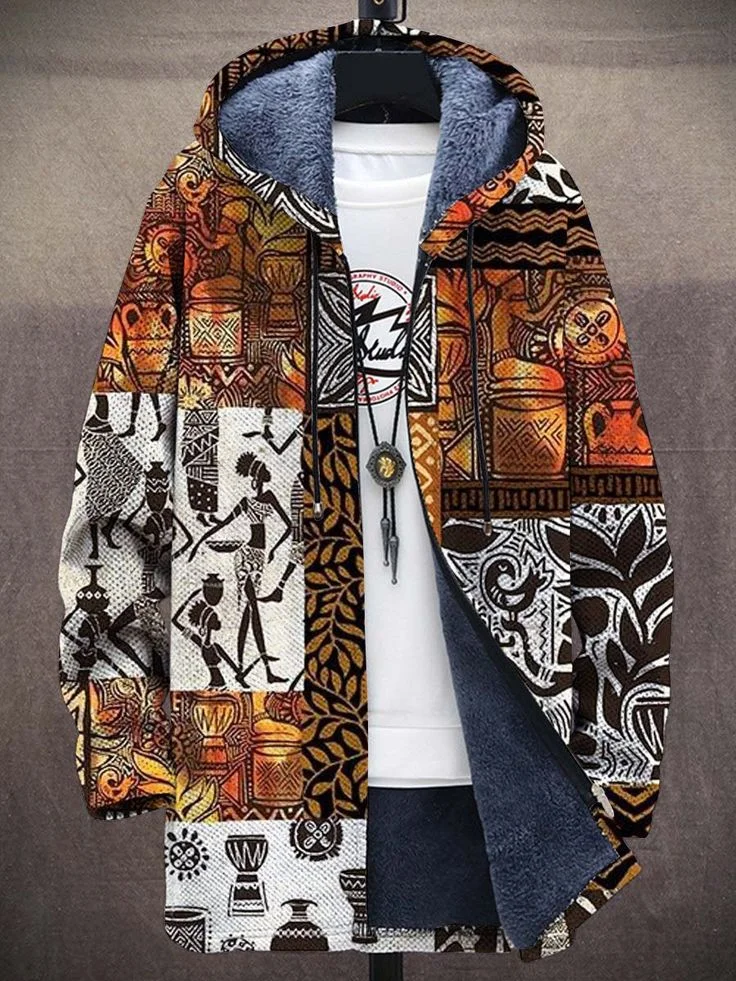Men's Retro Traditional Tribe Patchwork Art Print Fleece Lined Hooded Trench Coat