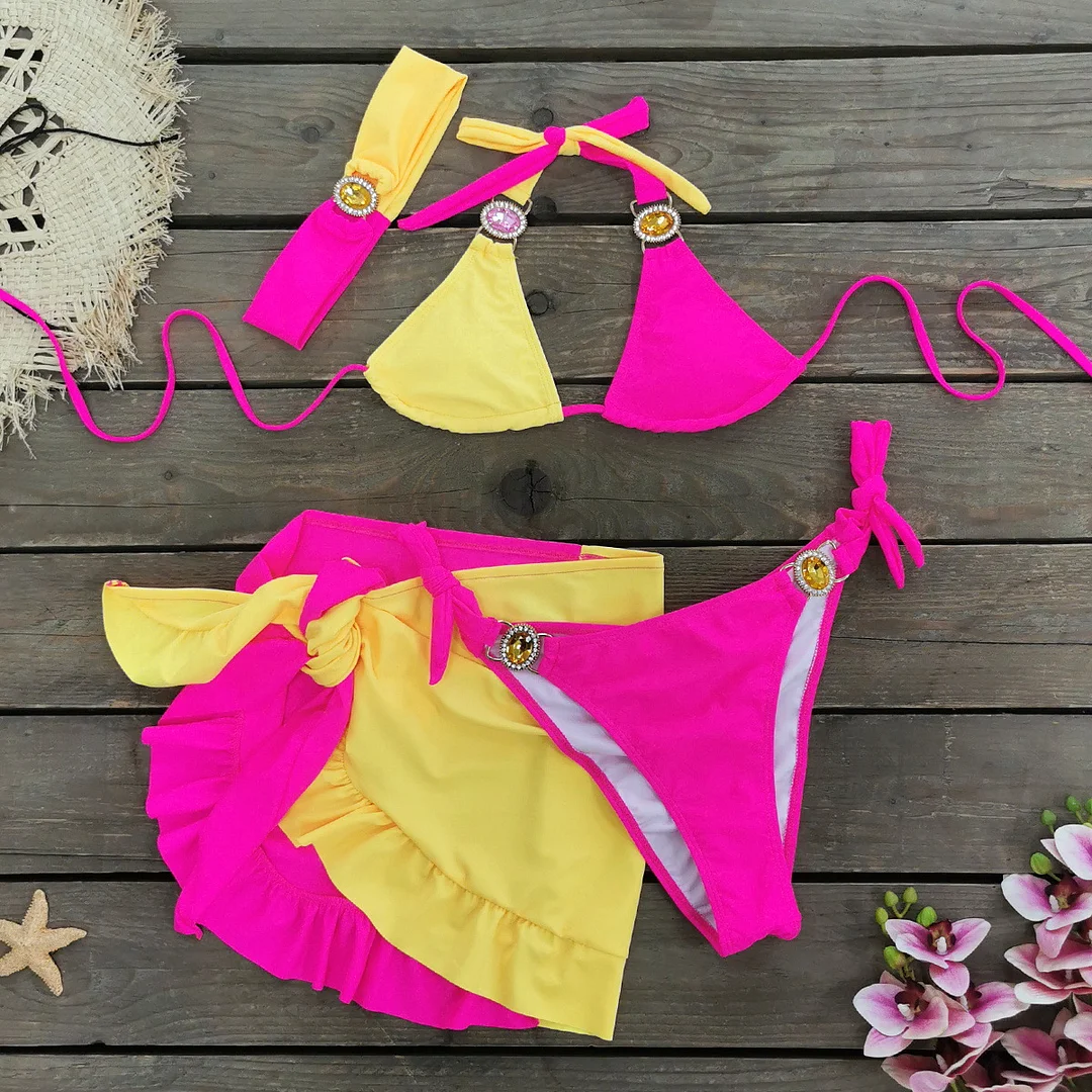 Uveng Solid Color Splicing Three-Point Bikini Short Skirt Three-Piece Split Swimsuit Women 2025 New