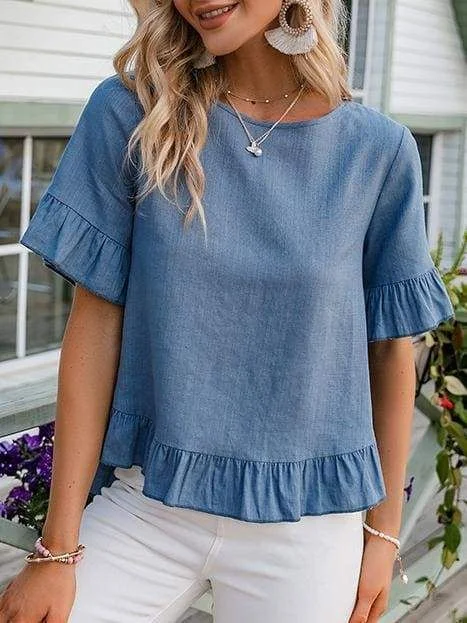 Short Sleeve Casual Crew Neck Solid Shirts & Tops