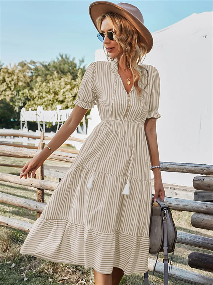 Summer Europe and The United States Fashion Women's V-neck Wooden Ear Fringe Striped Dress Style