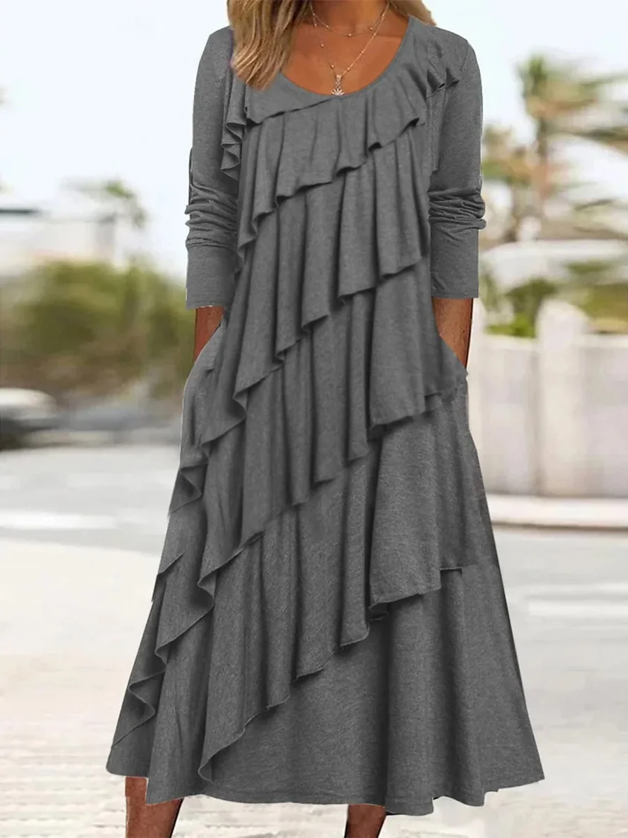 Long Sleeve Crew Neck Solid Color Layered Midi Dress