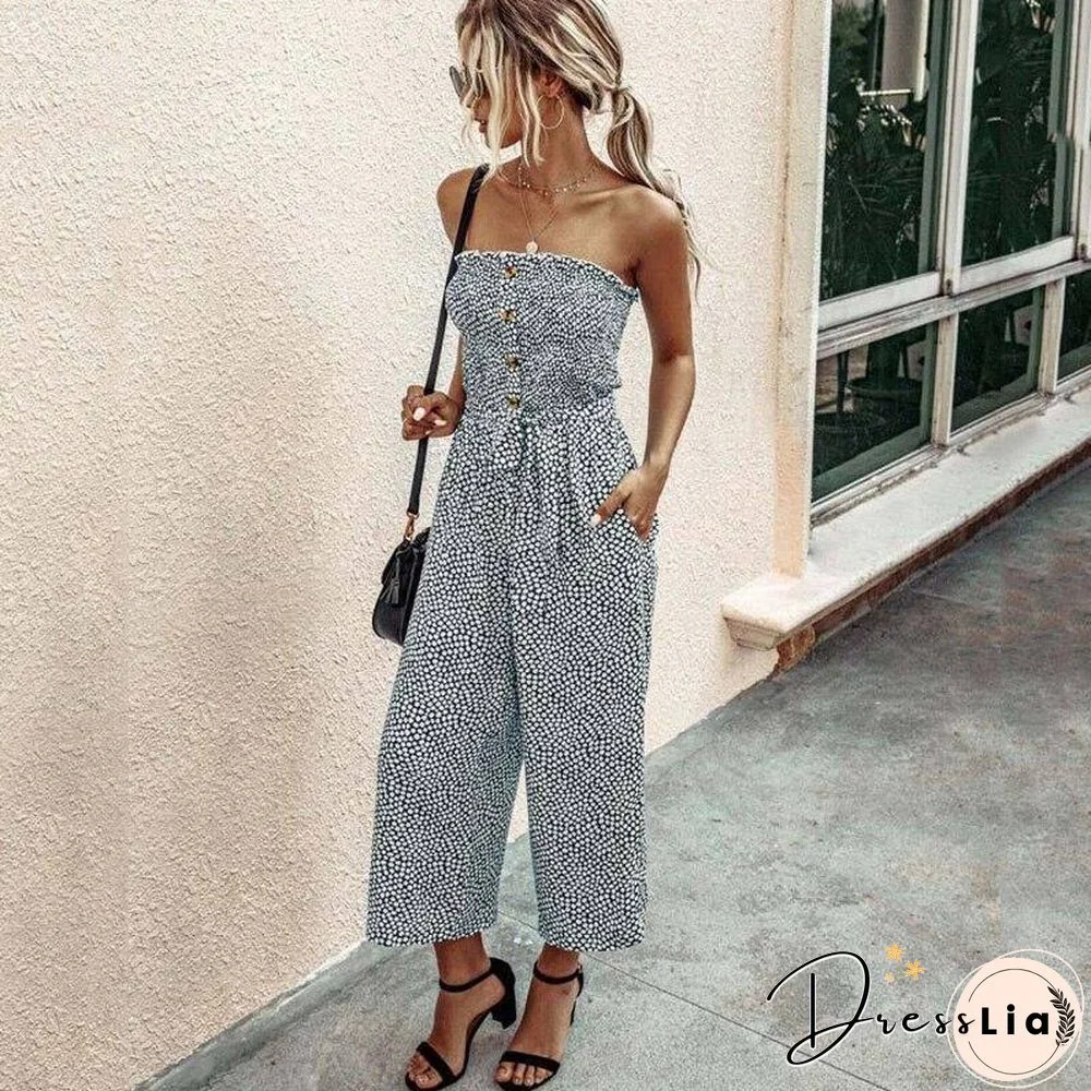 Floral Long Jumpsuit Elegant Women Backless Romper Summer Jumpsuit Female Cotton Pocket Ladies Strapless Overalls For Women