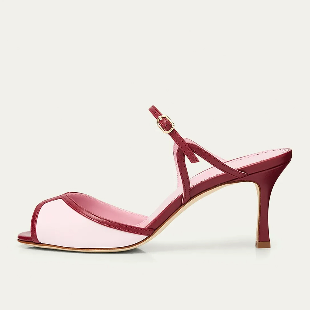 Pink and Burgundy Peep Toe Buckle Strap Women's Heel Sandals Nicepairs