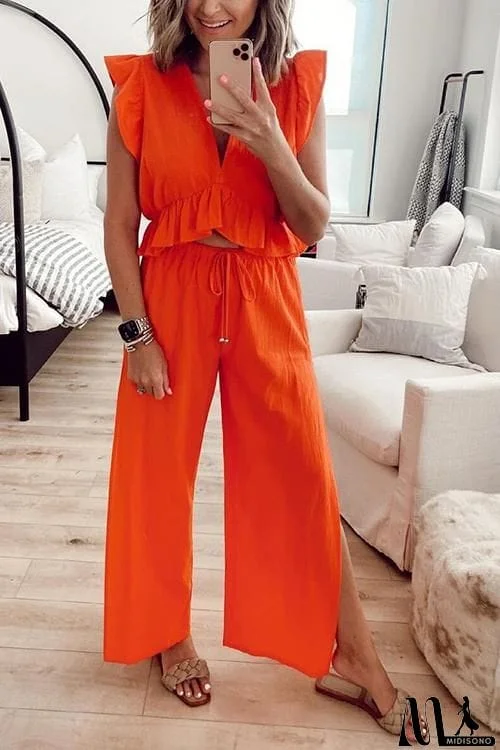 Ruffles Crop Slit Pants Set