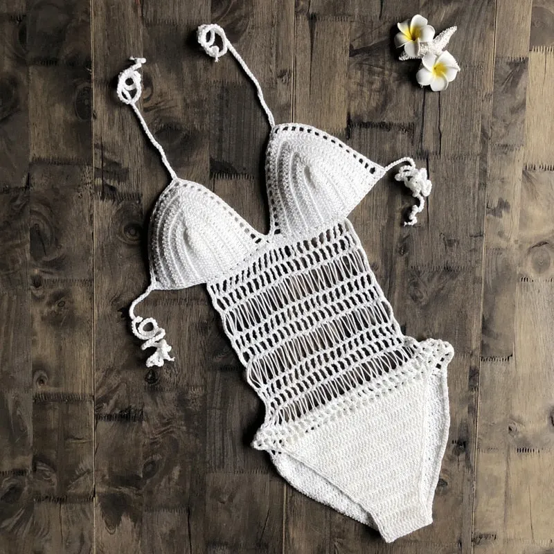 Fitshinling Bohemian Crochet Monokini Handmade One Piece Bodysuit Sexy Hot Backless Strappy Swimsuits Hollow Out Swimwear Women