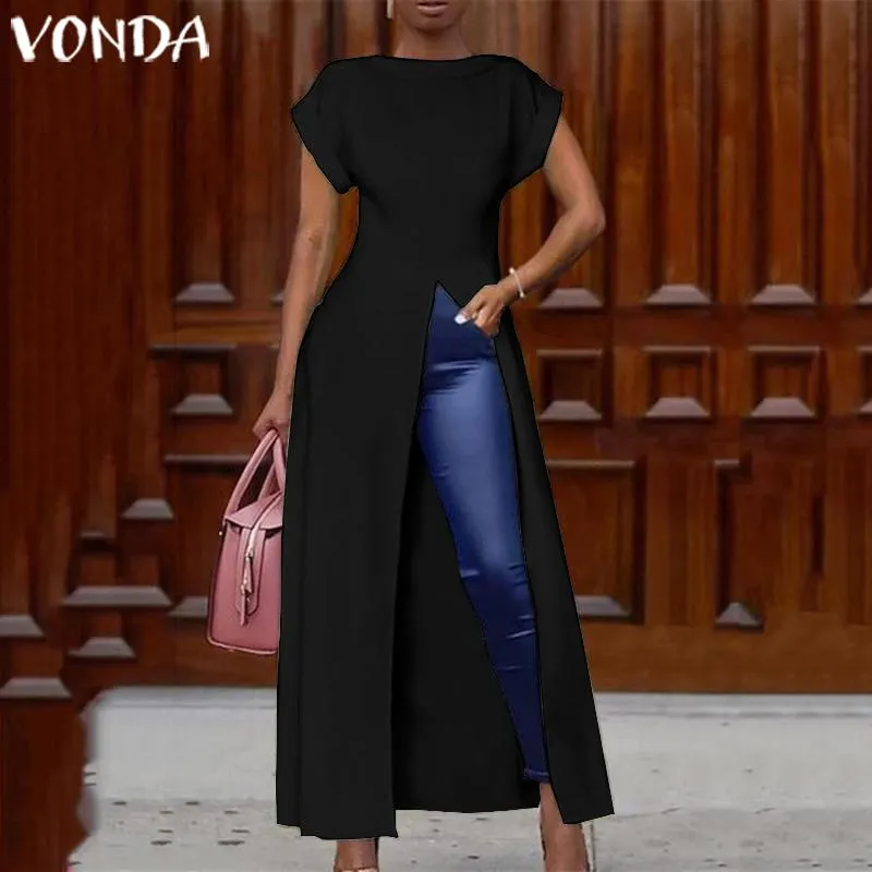 VONDA 2022 Office Shirts Ladies Sexy Split Hem Casual Bohemian Blusas Solid Short Sleeve Tops  Asymmetric Tops Femme