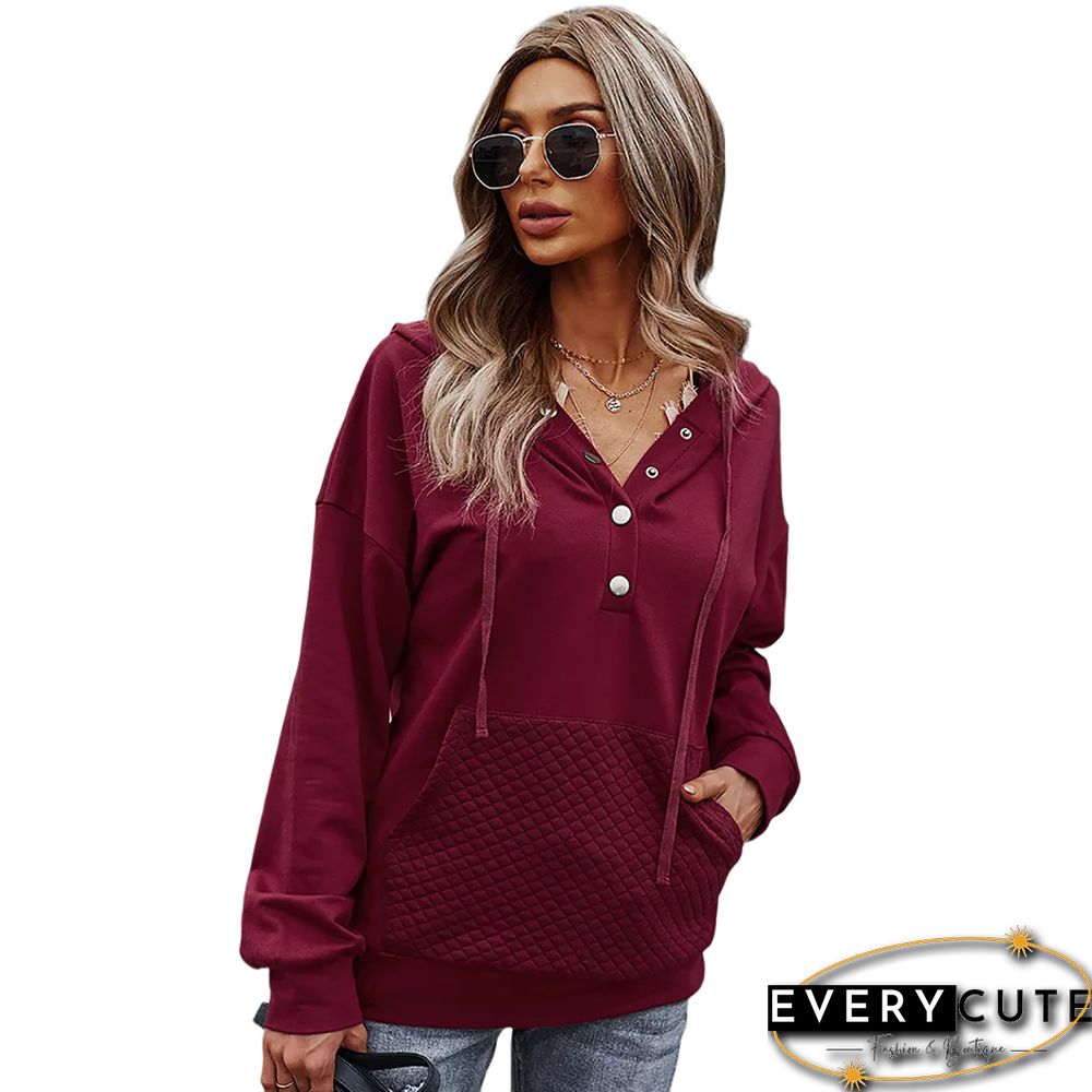 Solid Wine Red Button Collar Pocket Hoodie