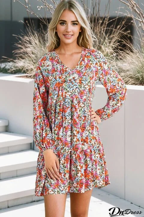 Floral Tie-Neck Long Sleeve Dress