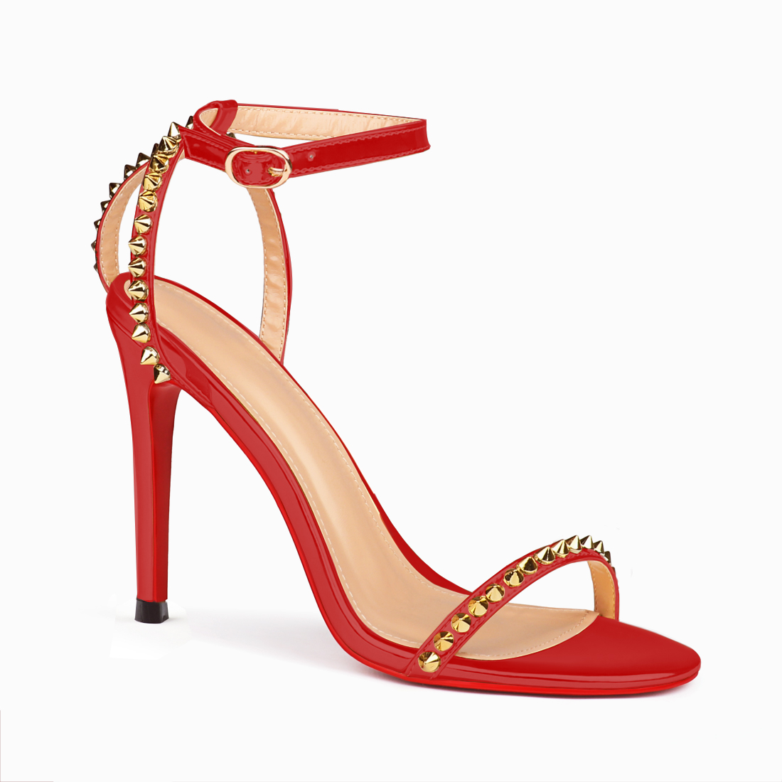 100mm Women's Sandals Stiletto Red Bottom High Heels Open Toe Ankle Strap Rivet Studs Shoes-MERUMOTE