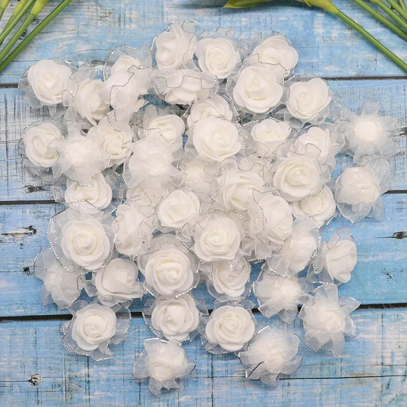 50pcs 4cm Mini Silk Foam Artificial Rose Flowers White Beige Rose Heads for Wedding Home Decoration DIY Handmade Wreath Flowers