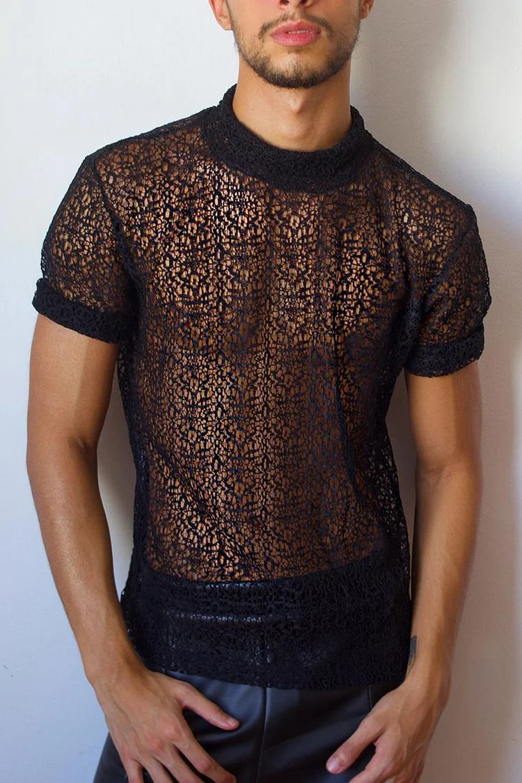 Mesh See-Through High Neck Short Sleeve T-shirt