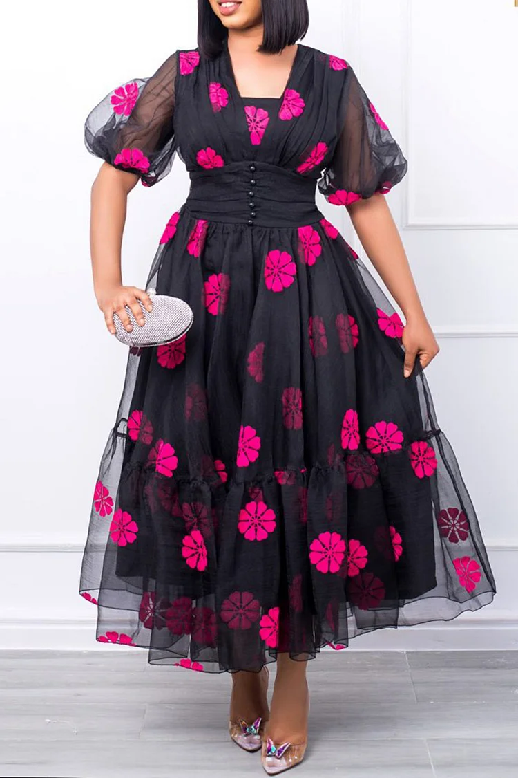 Xpluswear Plus Size Black Semi Formal Mesh Floral Print Puffy Sleeves Maxi Dress
