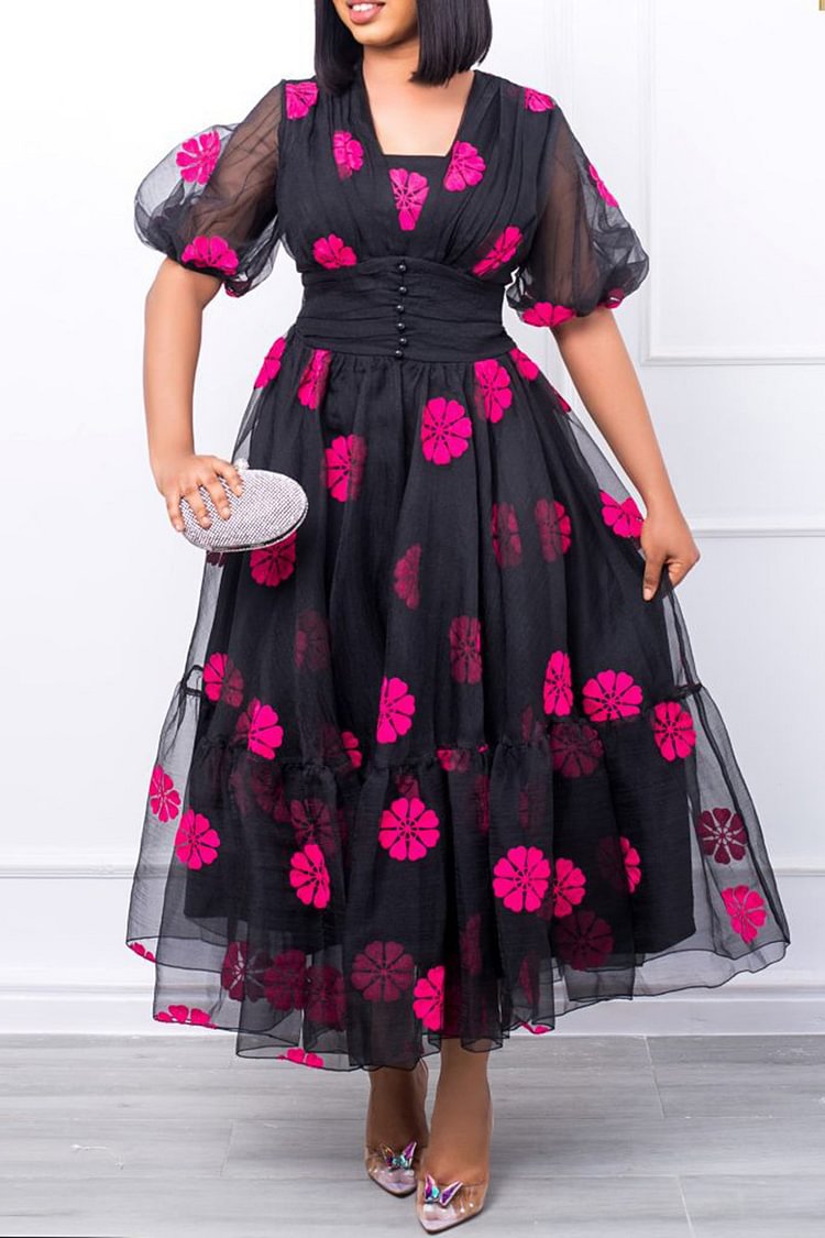 Xpluswear Plus Size Black Semi Formal Mesh Floral Print Puffy Sleeves Maxi Dress [Pre-Order]