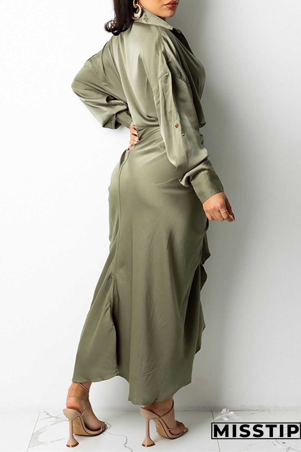 Light Beige Gray Fashion Casual Solid Bandage Turndown Collar Long Sleeve Dresses