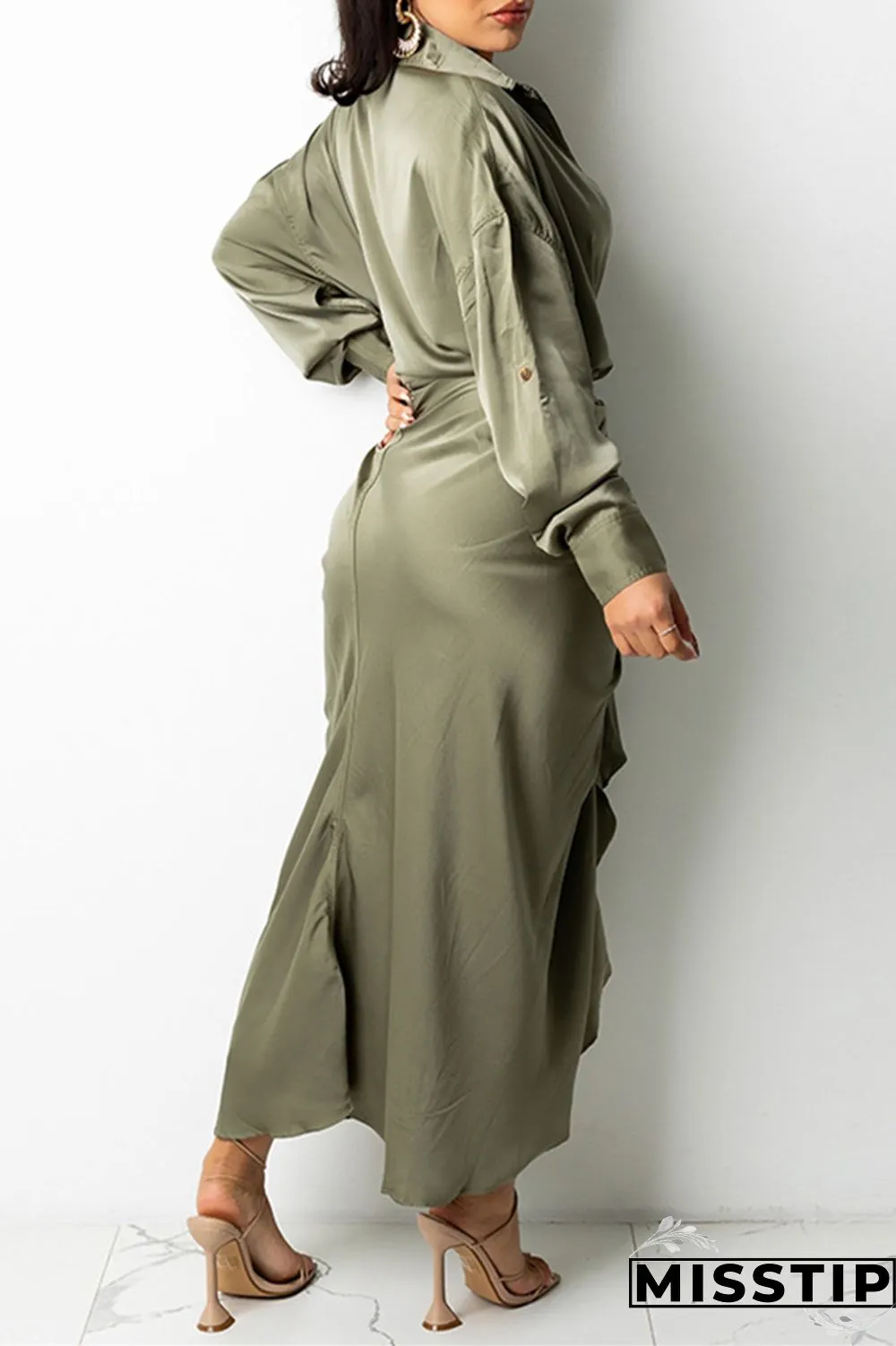 Light Beige Gray Fashion Casual Solid Bandage Turndown Collar Long Sleeve Dresses