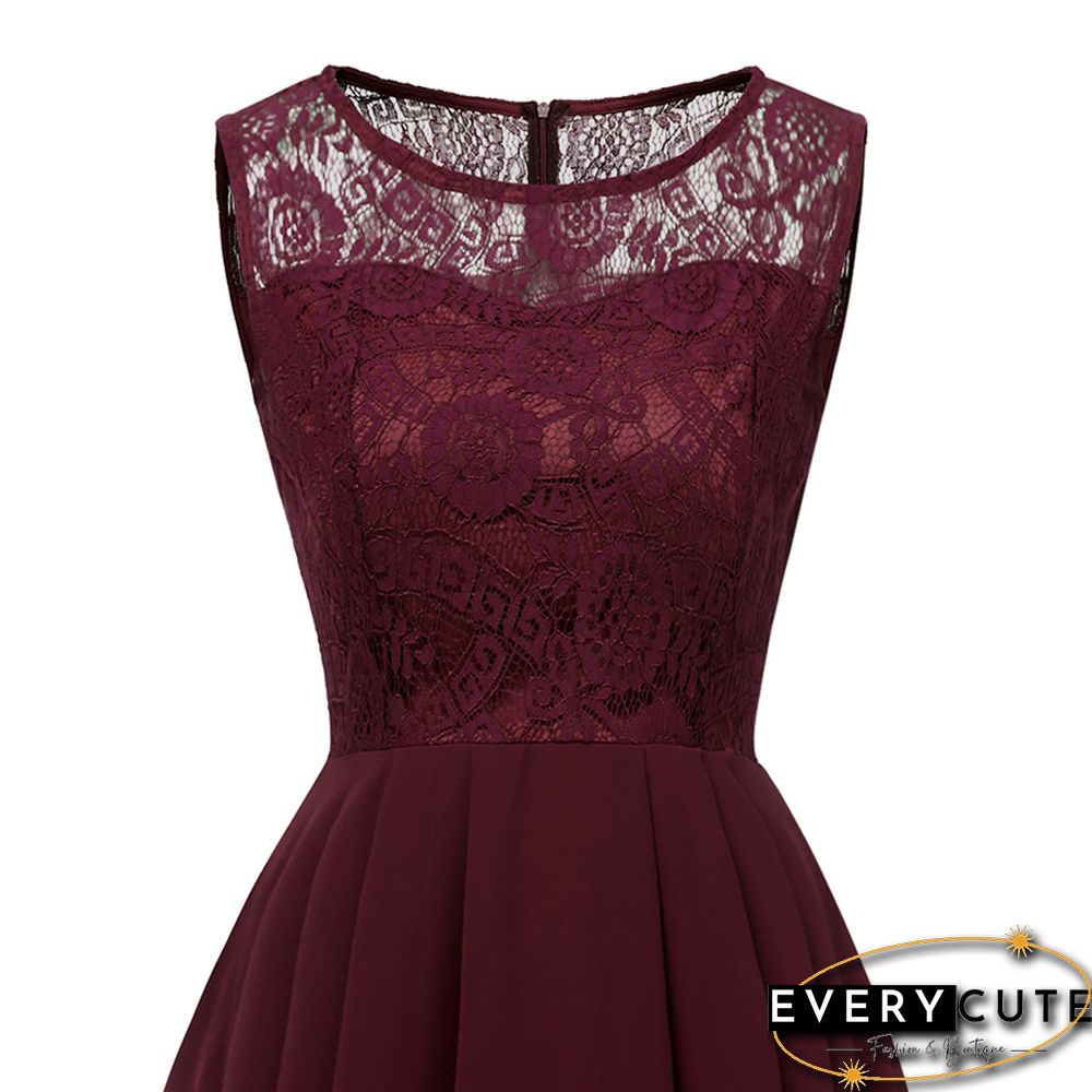 Wine Red Lace Contrast Chiffon Sleeveless Prom Dress