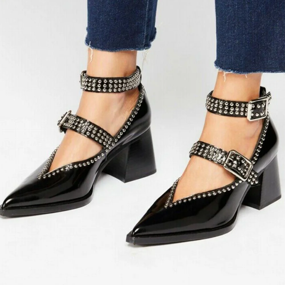 Black Almomd Toe Pumps Adjustable Buckle Ankle Pumps