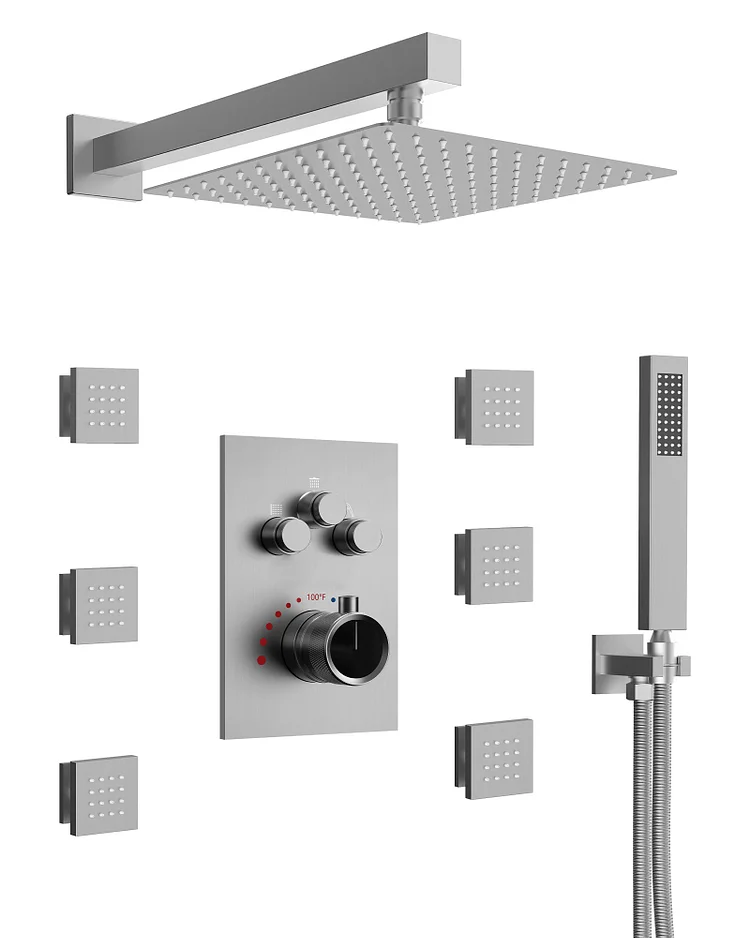 SFS-1003-NK12 Wall-Mounted 12-Inch Thermostatic Rainfall Shower with Push Button Diverter & Body Jets
