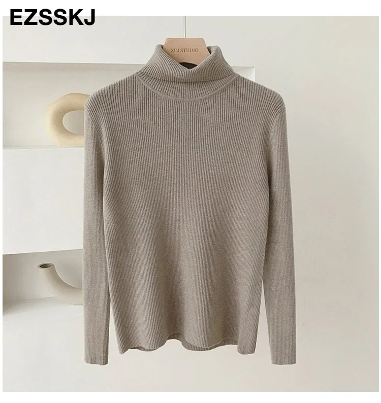 2021 Knitted Women turtleneck Sweater Pullovers spring Autumn Basic Women high neck Sweaters Pullover Slim female