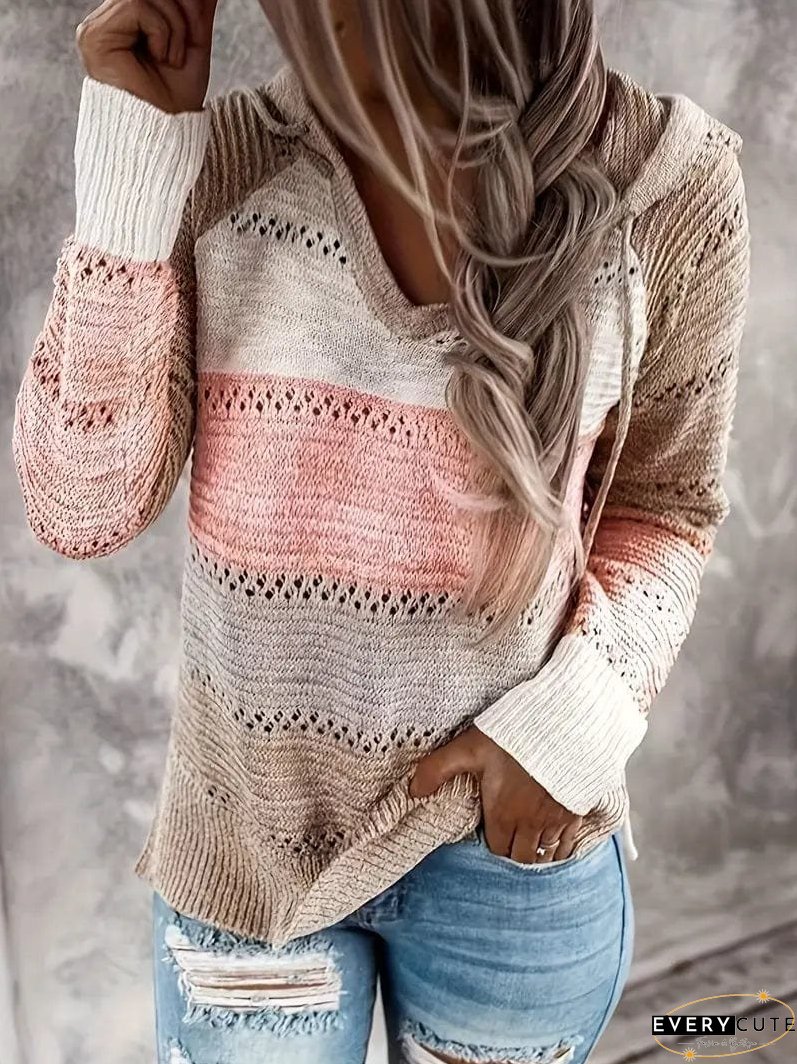 Versatile Hooded Color Block Knit Sweater