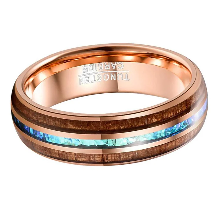 6MM 8MM Hawaiian Koa Wood and Rose Gold+Abalone Shell Imitated Opal Inlay Tungsten Carbide Wedding Bands for Womens Mens Comfort Fit
