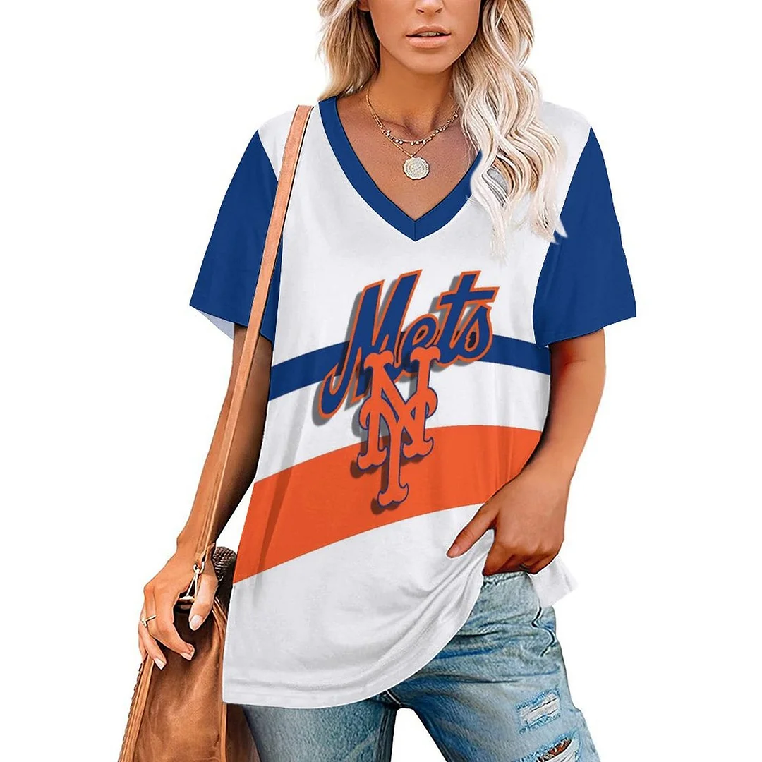 V-neck Short Sleeve Casual T-shirt for  Women Printed with Pattern , Blue, Red