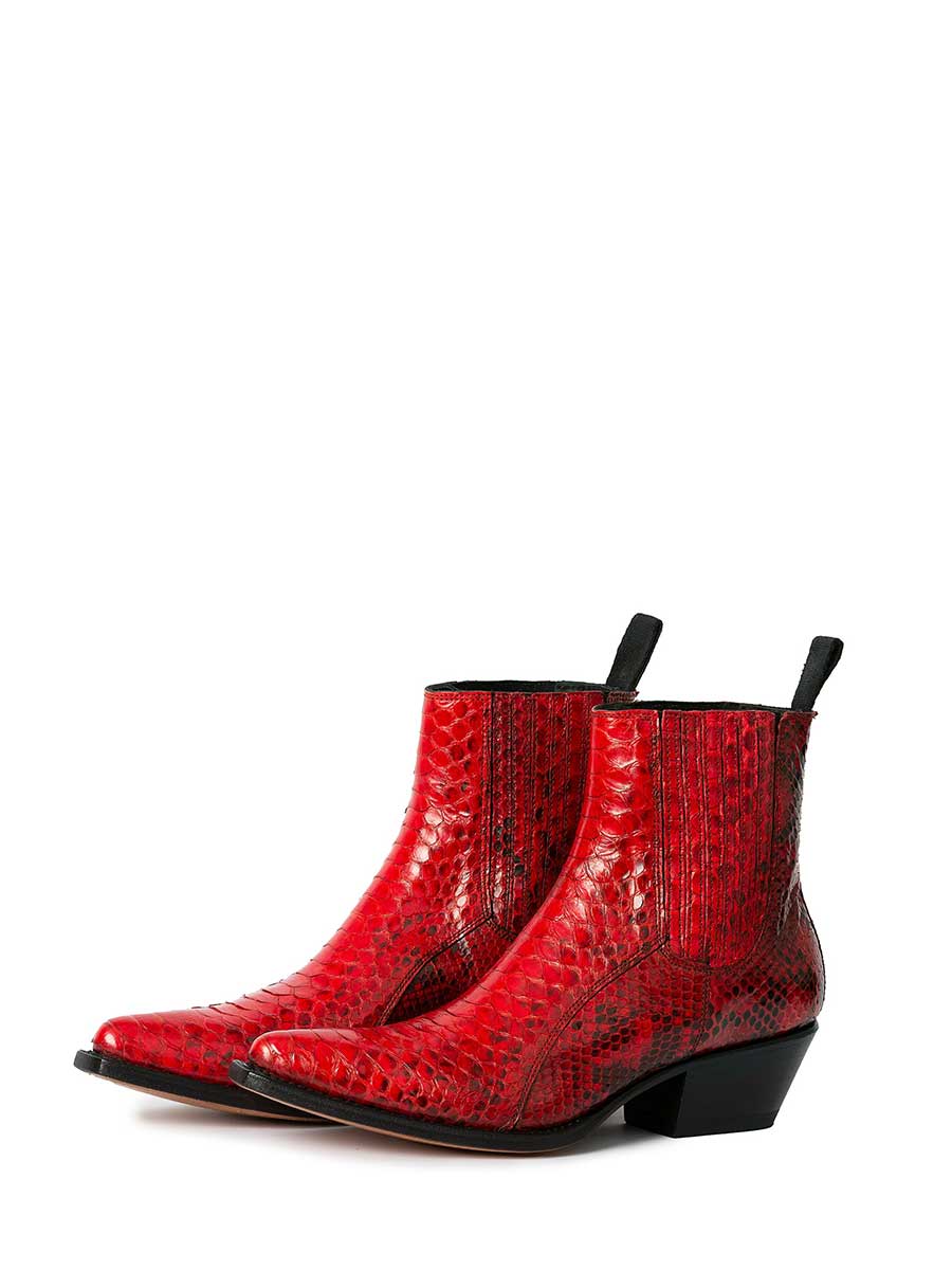 Vintage Red Pointed Toe Python Chunky Heel Western Ankle Boots