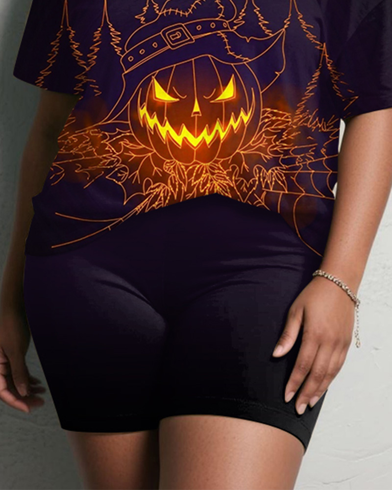 Women's Big & Tall Halloween Purple Pumpkin Graffiti Print Short Sleeve Shorts Suit