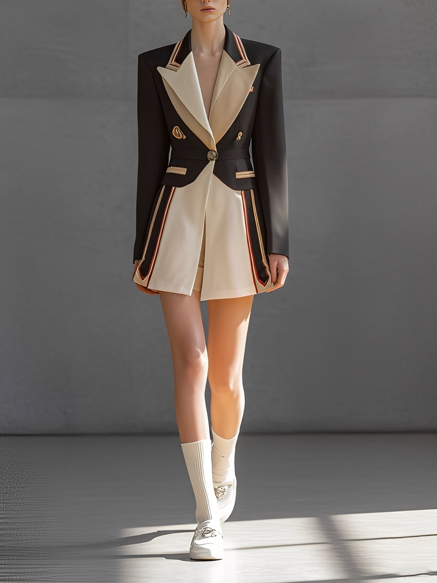 Women's Black & Ivory Textured Woven Elegant Blazer With Contrast Lapels & Embellished Details, Sophisticated Avant-Garde Style Blazer MDA0414K2I