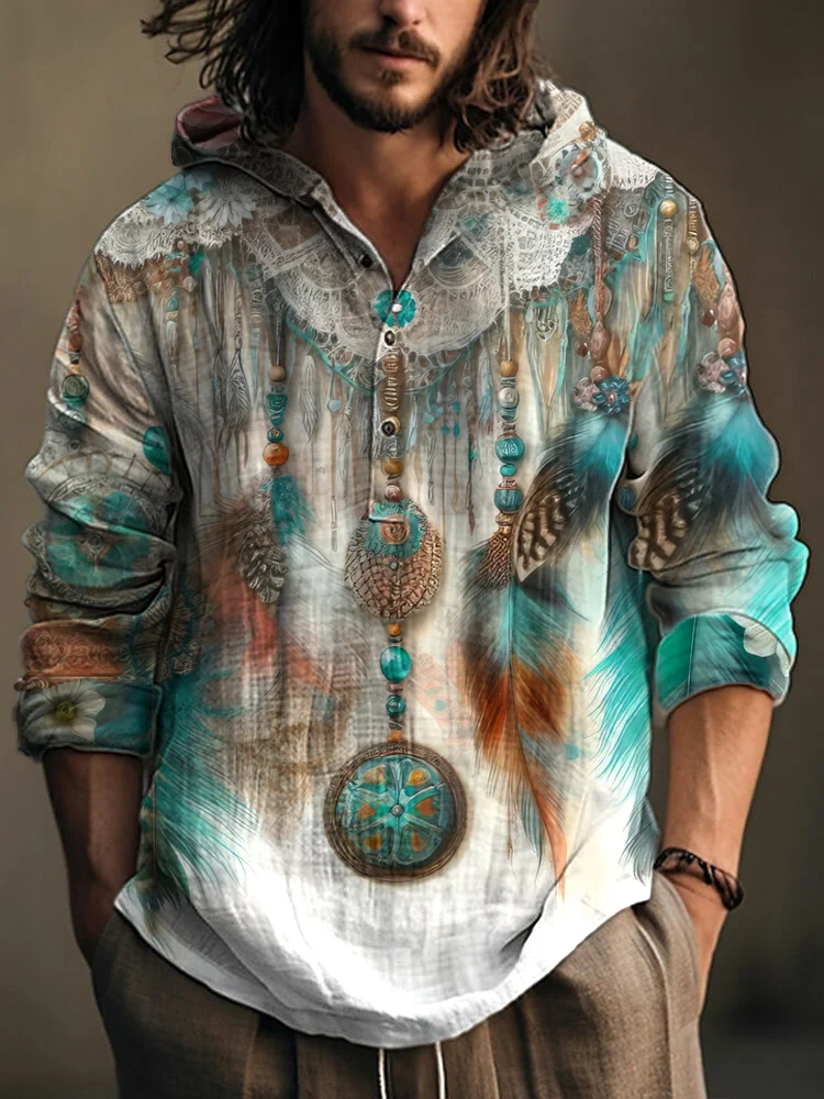 Vintage Bohemian Fashion Traditioneller Pattern  Linen Blend Shirt