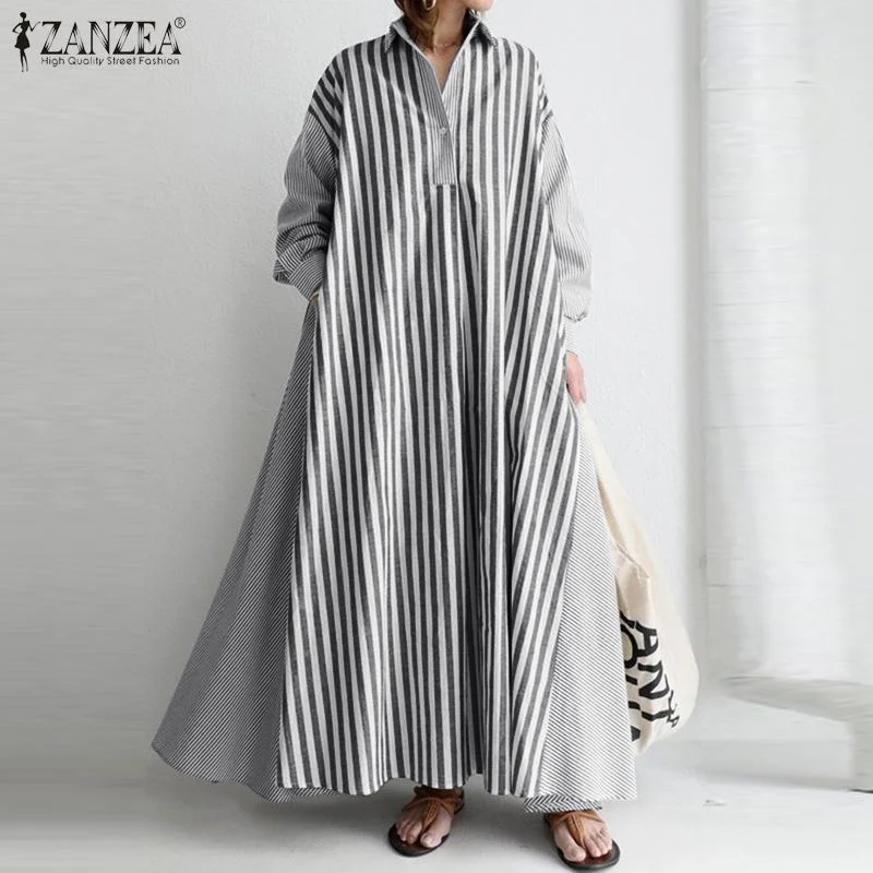 Fashion Maxi Dress ZANZEA Women Striped Patchwork Sundress Casual Autumn Long Sleeve Lapel Neck Long Shirt Vestidos Kaftan Robe
