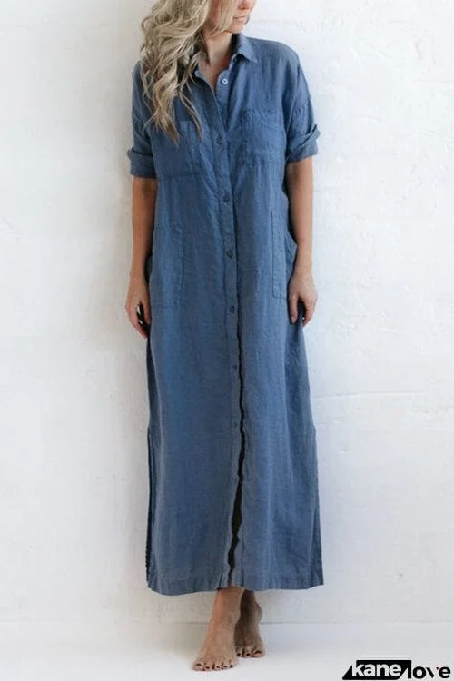 Linen Button Pockets Shirt Maxi Dress