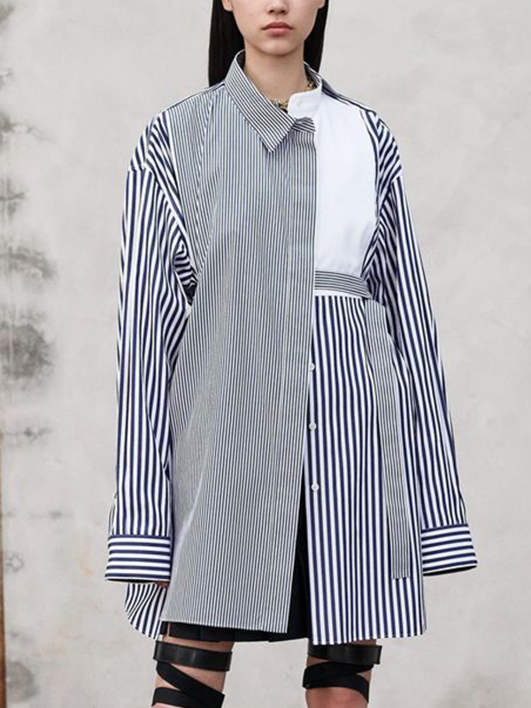 Long Sleeve Striped Side-tie Cotton-poplin Shirt Midi Dress