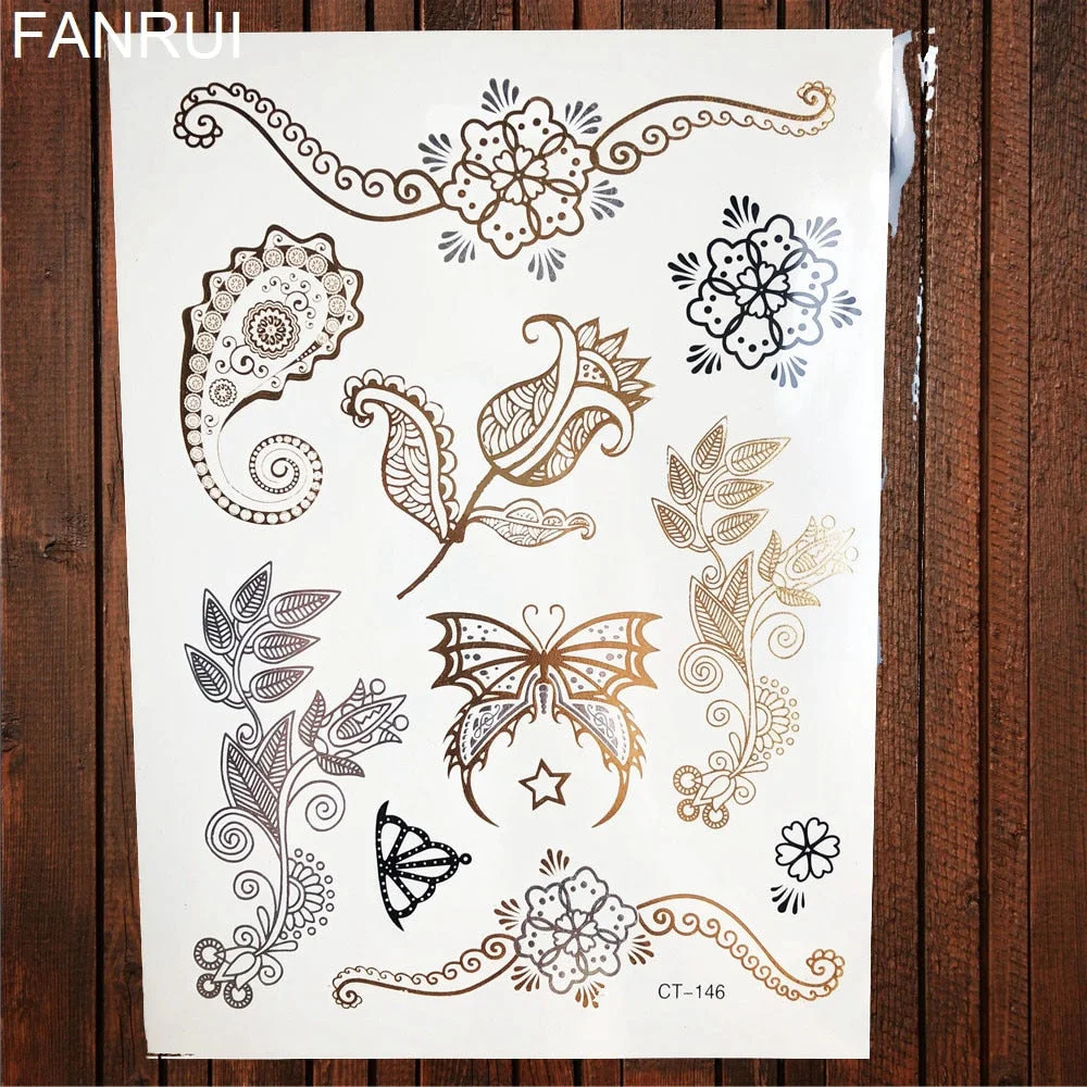 Golden Metallic Bracelet Temporary Tattoo Henna Mandala Flower Girl Tattoo Stickers Indian Chain Women Arm Flash Fake Tatoos Leg