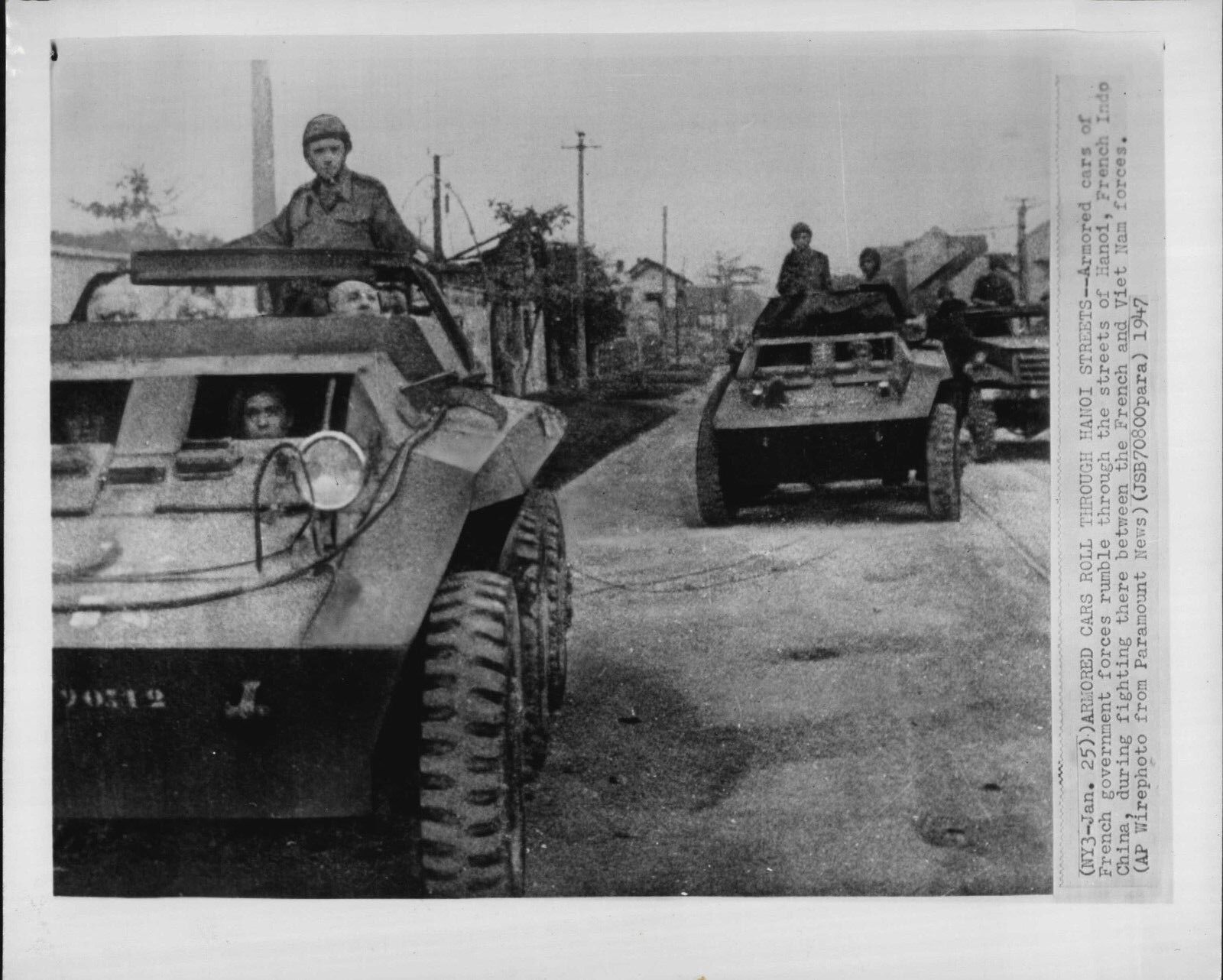 French Soldiers in Armored Cars Hanoi Street Indochina 1947 Press Wire Photo Poster painting