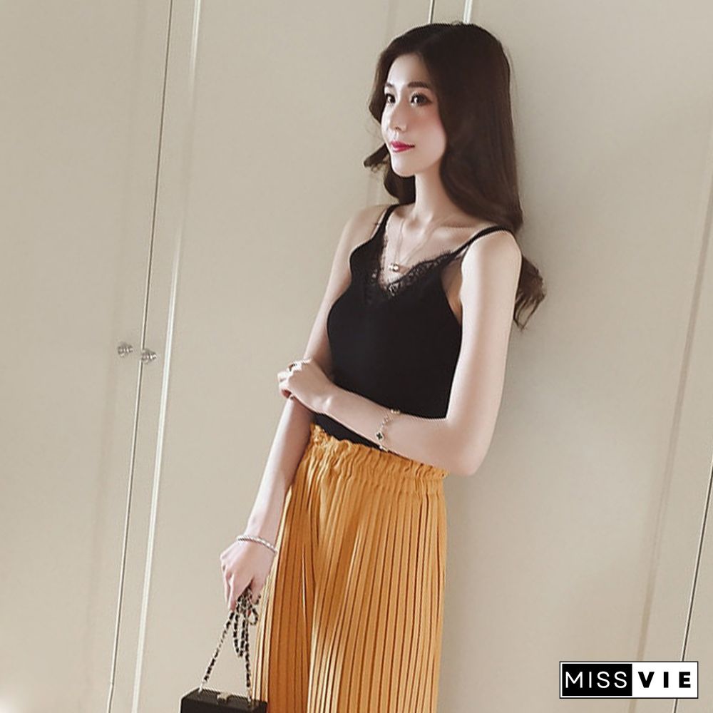 Sexy Women Plain Camisole Lace Splicing Double V Neck Vest Slim Sling Tank Tops