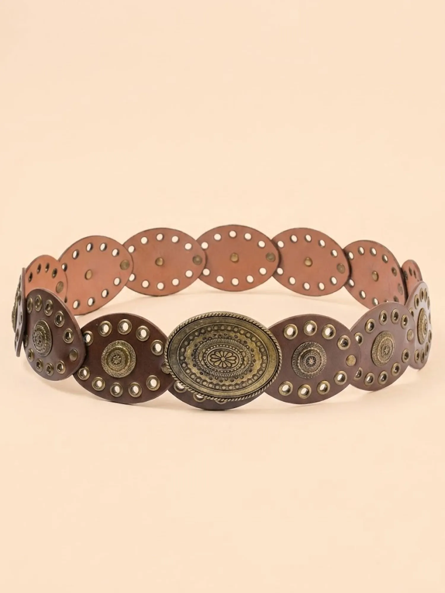 2026 S/S Vintage Classic &mdash; Brown Cut-Out Leather Studded Concho Waist Belt