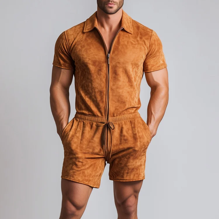 Okaywear Turndown Collar Short Sleeve Pocket Zipper Suede Romper Okaywear