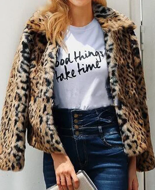 LADYSY Lapel Coat Leopard Print Fur Coat 