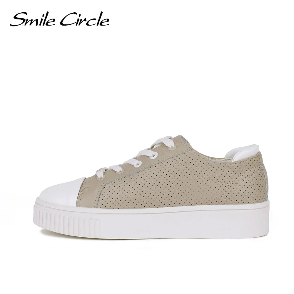 Smile Circle Summer Sneakers Women Flat Platform Shoes Genuine Leather Breathable Round toe soft insole Casual Ladies Shoes