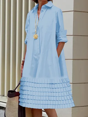 Image of A-Line Long Sleeves Layered Pleated Pockets Solid Color Split-Joint Lapel Midi Dresses Shirt Dress