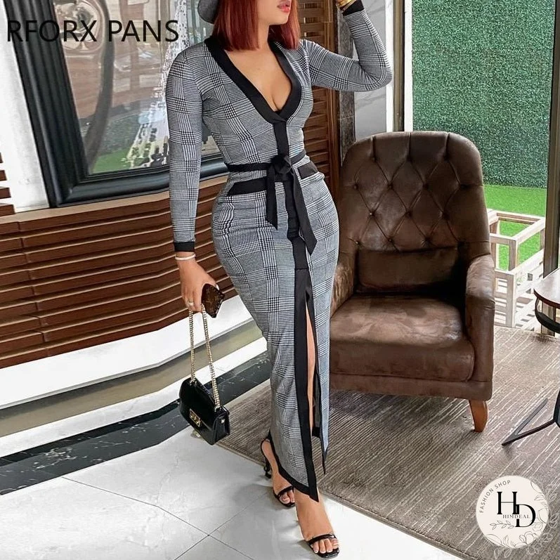 Back to College Women High Slit Plaid Long Sleeve Plunge Maxi Bodycon Dress Womens Party Dress