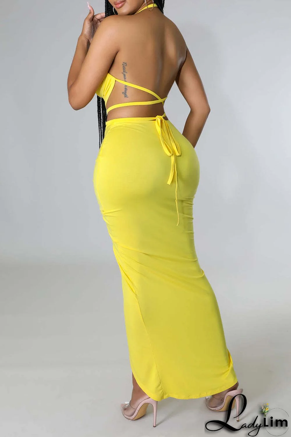 White Sexy Solid Bandage Patchwork Backless Fold Halter Sleeveless Two Pieces